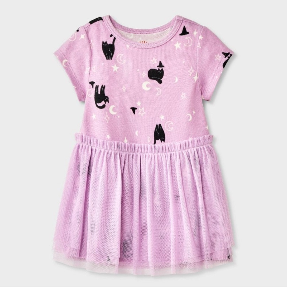 NWT Cat & Jack Pink Black Cat Halloween Tulle Dress-Size 3-6M